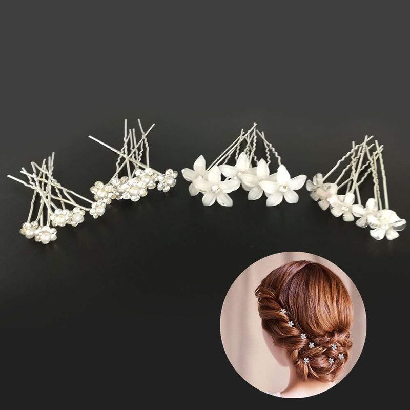 Forcina per capelli con perline, accessorio per acconciatura da sposa con strass, forcina a forma di U con fiore, per donna_voghion.com