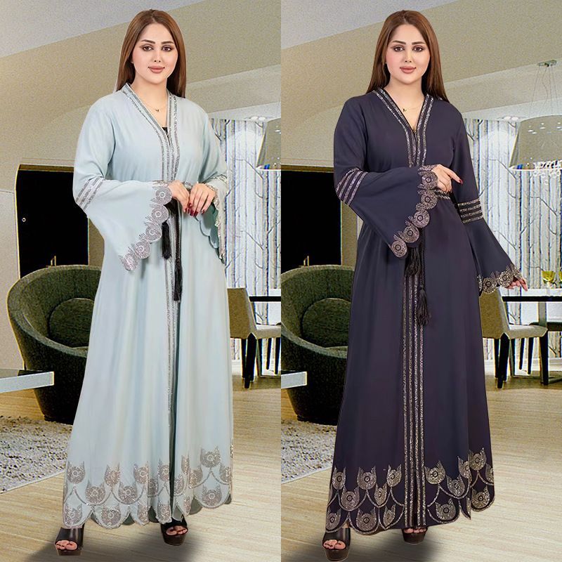 9007 Muslim Abaya Arab Kaftan Plus Size Women's Dress With Flared Long Sleeves_voghion.com