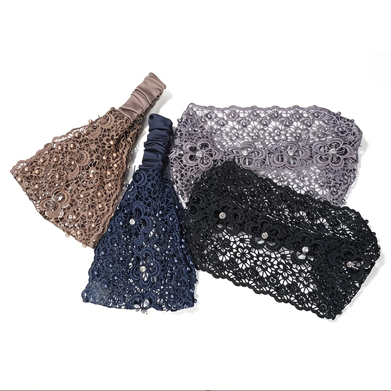 Fascia per capelli in pizzo per donna, fasce elastiche in pizzo con perle sintetiche floreali a tesa larga Accessori per capelli per donna_voghion.com