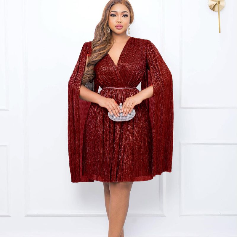 Damenbekleidung Neue V-Ausschnitt Temperament Langarm Cape Taille Kleid Rock_voghion.com