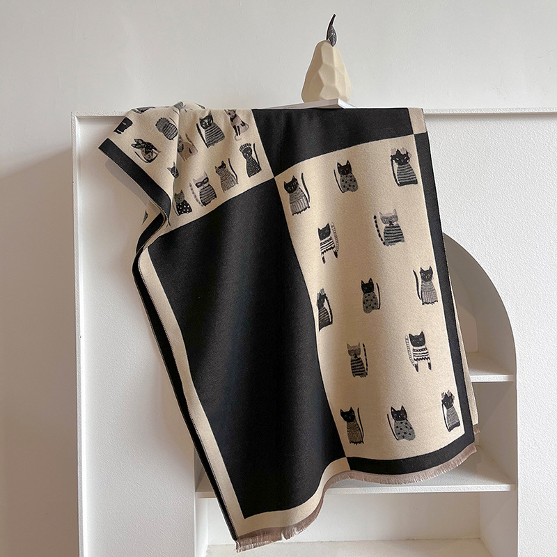 Sciarpa di cashmere con gattino dei cartoni animati, versione coreana, autunno e inverno, spessa e calda, da donna_voghion.com