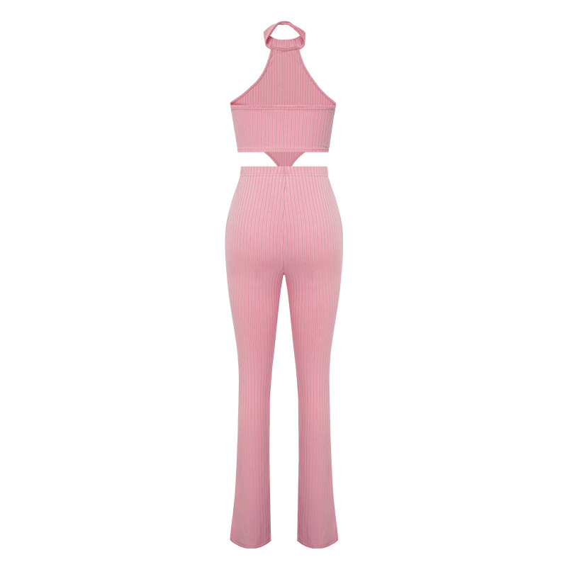 Set da donna in due pezzi casual con pantaloni a camicia senza maniche con collo appeso e ampia striscia in tinta unita_voghion.com