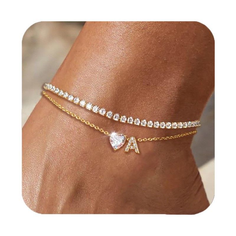 Hot-Selling 26 Letter Heart Zircon Inlaid Layered Anklet Elegant A-Z Beaded Adjustable Ankle Chain_voghion.com