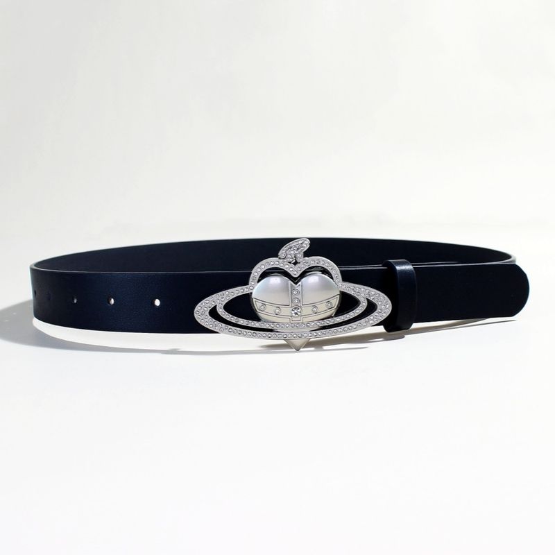 Cintura Saturn in stile Vivienne - Fibbia con logo color argento | Cinturino in pelle PU nera da 1,5" di larghezza | Cinturino unisex alla moda punk (regolabile da 28 a 42 pollici)_voghion.com