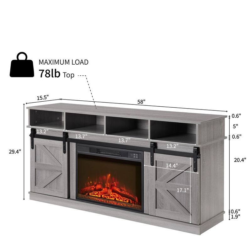 Modern Farmhouse TV Media Stand, Large Barn Inspired Home Entertainment Console, With 23" Fireplace Insert, For TV Up To 65'', With Open Shelves And Closed Cabinets, Grey_voghion.com