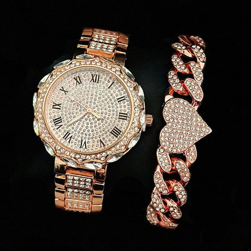 Bracciale in lega a forma di cuore + orologio al quarzo da donna alla moda, set da 2 pezzi_voghion.com