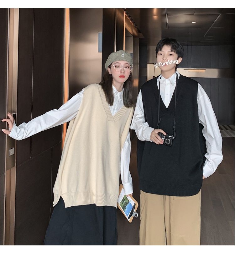 Pull sans manches à col en V, coupe ample, style coréen, tendance printemps-automne, de la marque Hue Hue._voghion.com