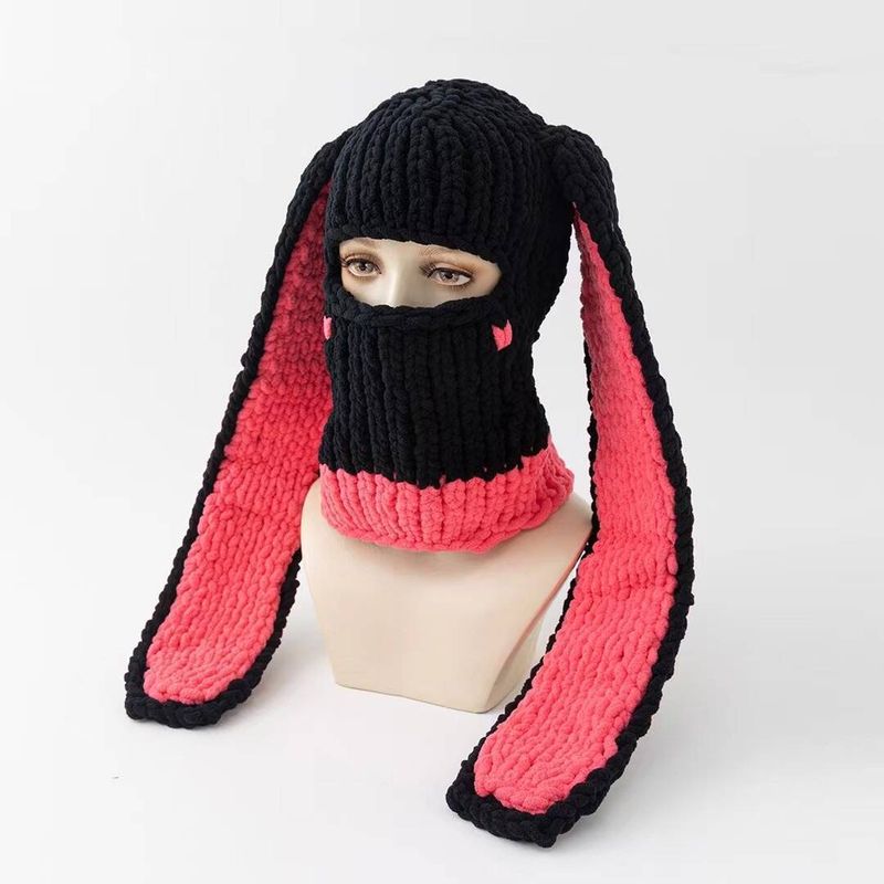 Cross-border Rabbit Ears Handmade Knitted Thickened Warm Devil Big Brim Mask Headgear Sweet Cool Winter Tide Street Hat_voghion.com