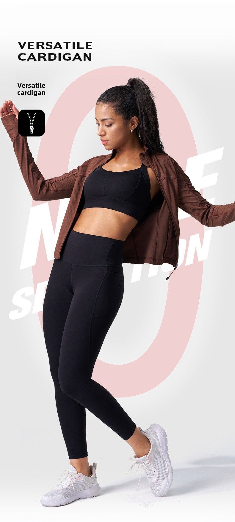 Jaqueta esportiva canelada de gola alta para uso externo, ideal para outono e inverno, com modelagem justa, perfeita para yoga, com mangas que imitam dedos e tecido grosso._voghion.com