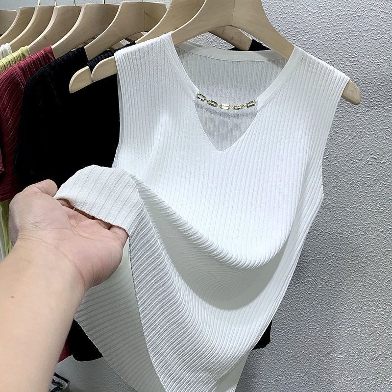 Gilet sans manches en soie glacée pour femme, col en V, design polyvalent, coupe slim_voghion.com