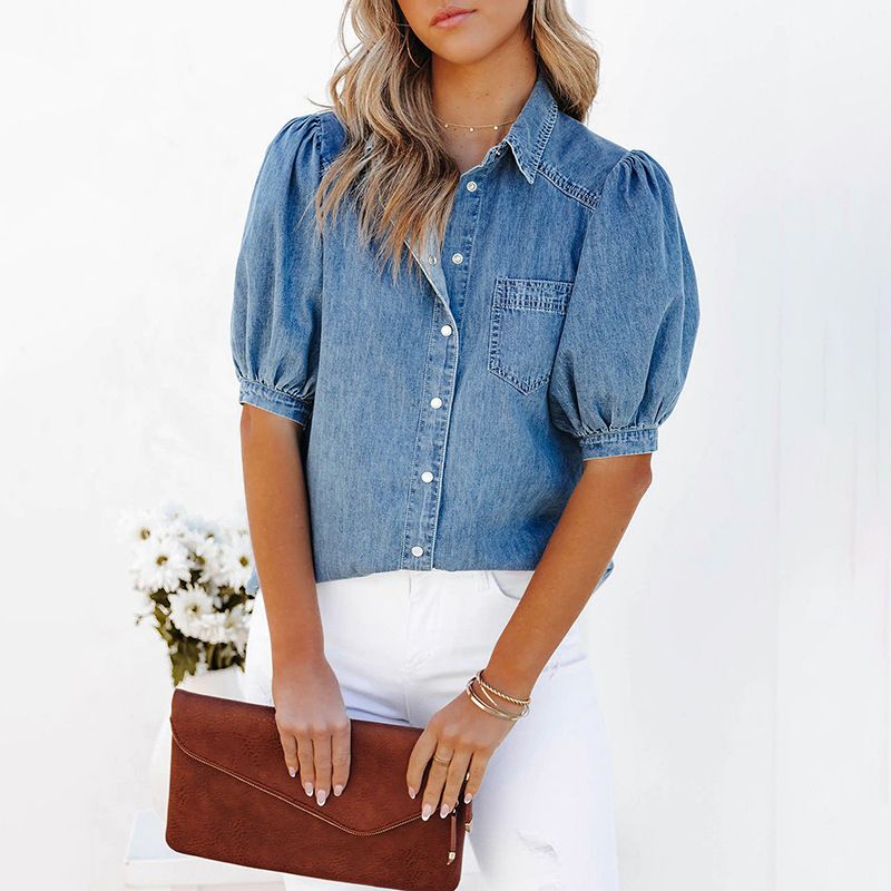 Nueva y versátil camisa vaquera fina con cuello vuelto y mangas princesa, top informal de moda para mujer_voghion.com