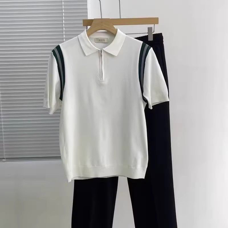 Men's Clothing Half zip Polo Shirt Knitted Short sleeved T shirt Men's Summer New Fashion Contrast Color Splicing Half sleeved Top_voghion.com