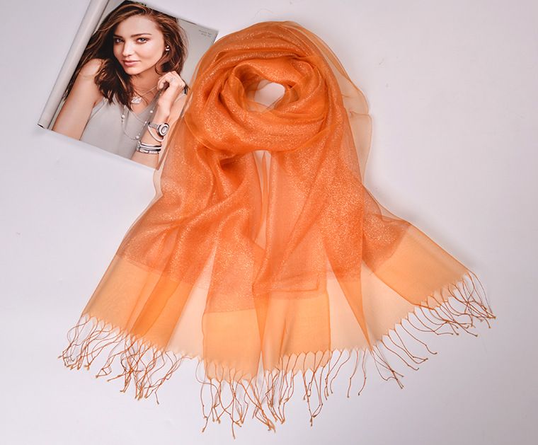 spring and summer mulberry silk scarf sunscreen shawl double-layer contrast color gold tassel silk organza scarf  _voghion.com