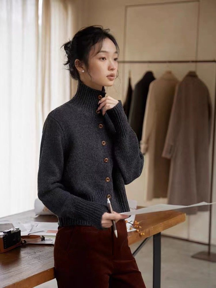 2024 Autumn Winter New High Collar Cashmere Versatile Korean Style Wool Knitted Cardigan Coat Sweater Women's Fashion_voghion.com