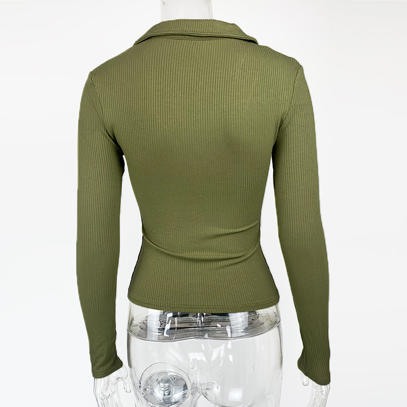 T-shirt da donna elegante con collo alto e maniche lunghe a V profonda in cotone attillato_voghion.com