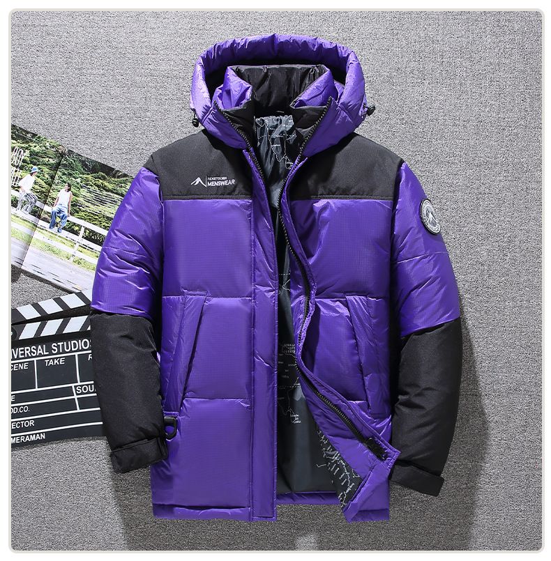 Jaqueta masculina de plumas com contraste de cores e blocos de cores - Casaco acolchoado quente e grosso com ajuste solto e enchimento de plumas de pato_voghion.com