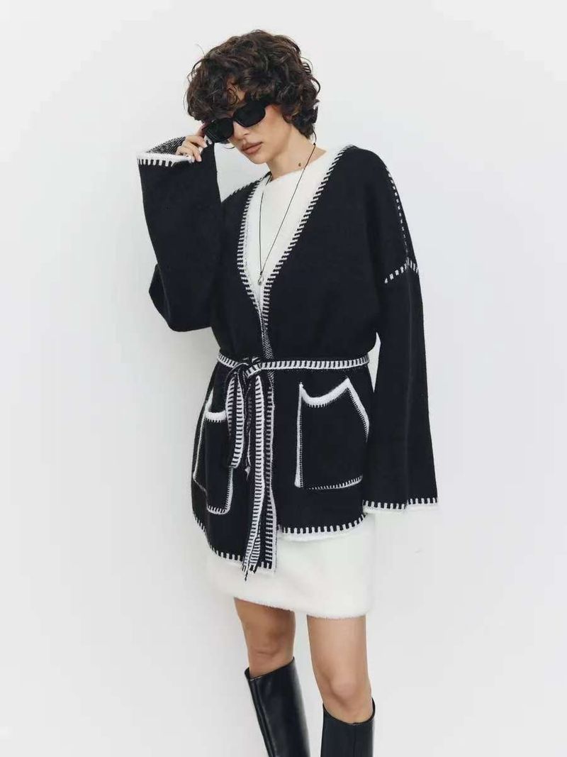Elegant Belted Knit Cardigan - Oversized Longline V-Neck Sweater With Contrast Trim, Soft Lambswool Blend, Casual & Chic_voghion.com