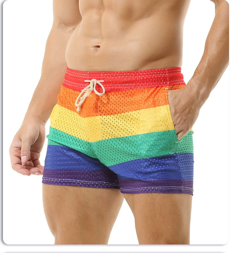 Men's Underwear Rainbow Men's Mid Length Pants With Drawstrings Hollow Breathable Fashionable Pocket Elastic Large Size Mid Waist Sports Pants For Men_voghion.com