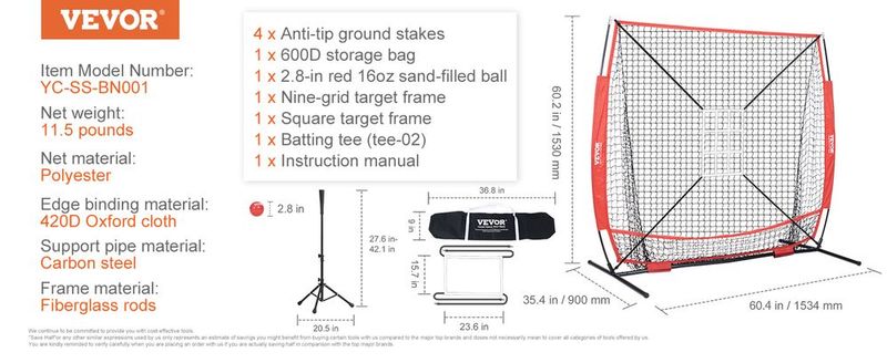 VEVOR 5x5 Ft Baseball Softball Practice Net, Portable Baseball Training Net For Hitting Batting Catching Pitching, Backstop Baseball Equipment With Bow Frame, Carry Bag, Strike Zone, Ball, Batting Tee_voghion.com