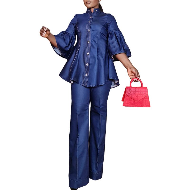 Women's Clothing New Solid Color Denim High Collar Button Straight Pants Suit_voghion.com