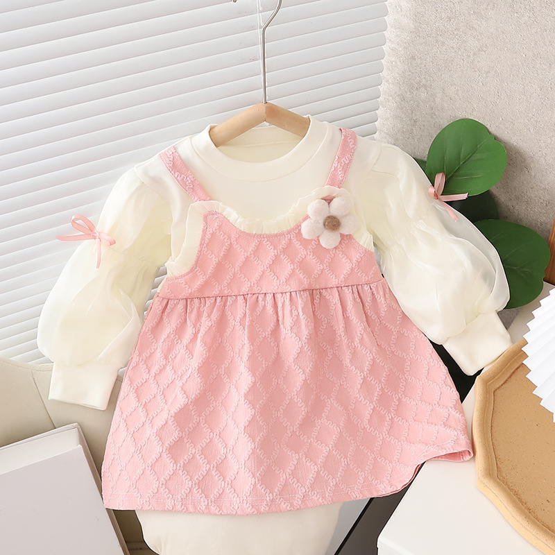 Mädchen 2023 Herbst Neues Langarm-Trägerkleid für Kleinkinder und Kinder 1-2 Jahre alt 3 Kinder Modisch_voghion.com