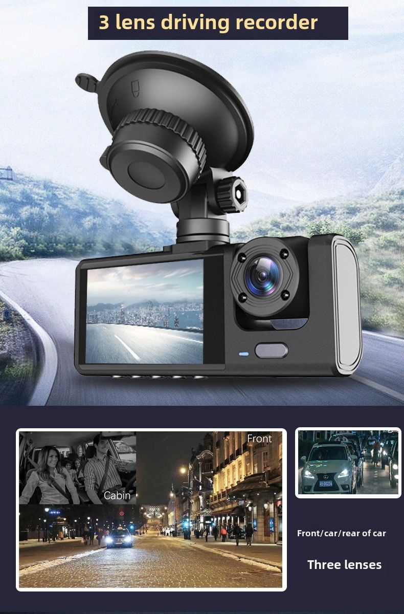 Grensoverschrijdende rijrecorder drie-lens drie-opname auto voor auto achter panoramisch dubbele lens achteruitrij-afbeelding groothandel_voghion.com