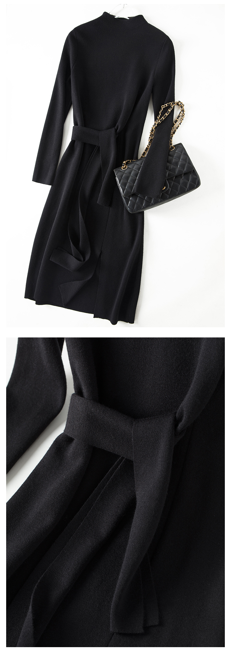 Halbhoher Kragen, Wollstrickkleid für Damen, Herbst und Winter, mittellange Krawatte, eleganter Taillenschlitz, Rot_voghion.com