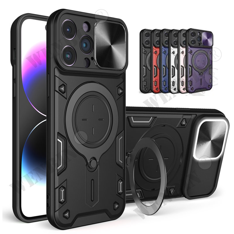 Hülle fir iPhone 15 14 13 12 11 Pro Max 8 7 Plus Magnéitesch rotéierend Schiebekamera 360 Grad rotéierend Standhülle Cover_voghion.com