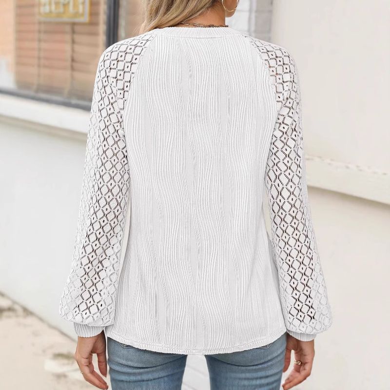Maglietta casual da donna a maniche lunghe, girocollo, in pizzo, a righe, tinta unita_voghion.com