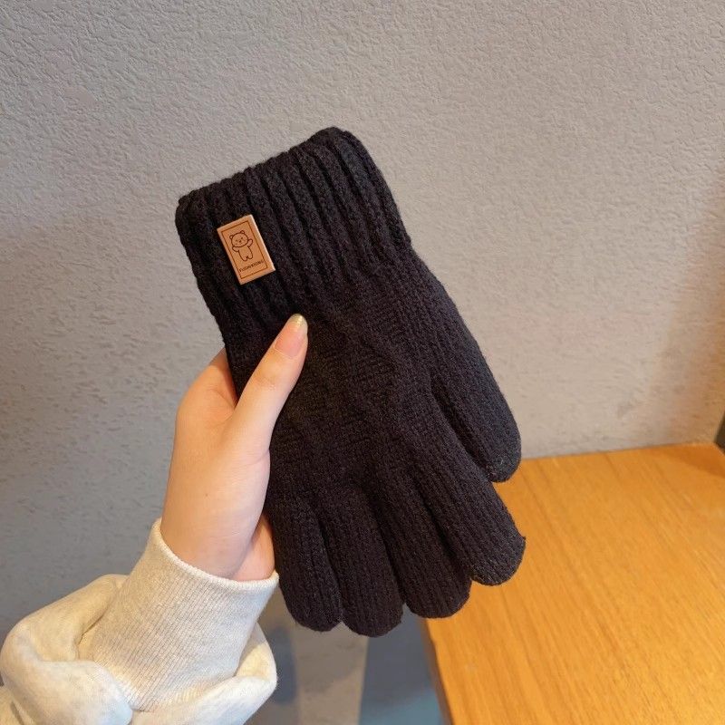 Knitted Wool Gloves Women's Winter 2025 New Solid Color Plus Velvet Thickened Warm Riding Cold-proof Touch Screen Gloves_voghion.com