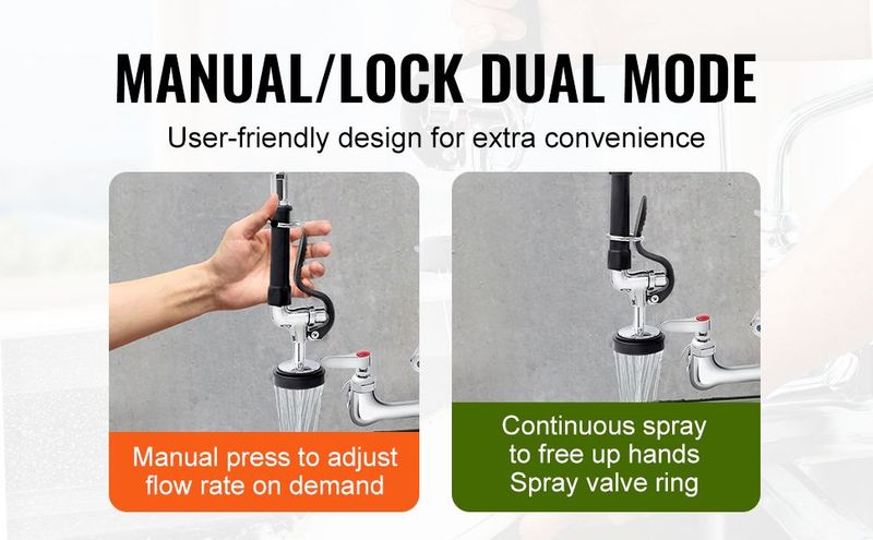 VEVOR Commercial Faucet With Pre-Rinse Sprayer, 44" Height, 8" Center, 12" Swing Spout, Deck Mount Kitchen Sink Faucet, Brass Constructed Device With Pull Down Spray, For 1/2/3 Compartment Sink_voghion.com