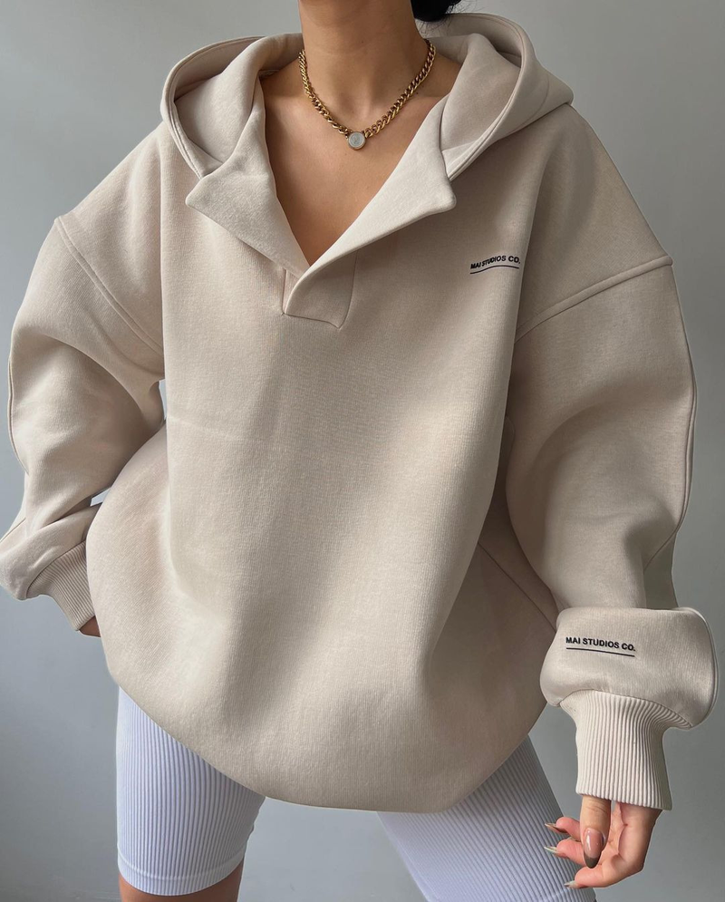 European and American cross border new velvet hooded printed long sleeved basic versatile sweatshirtV neck fleece sweater_voghion.com