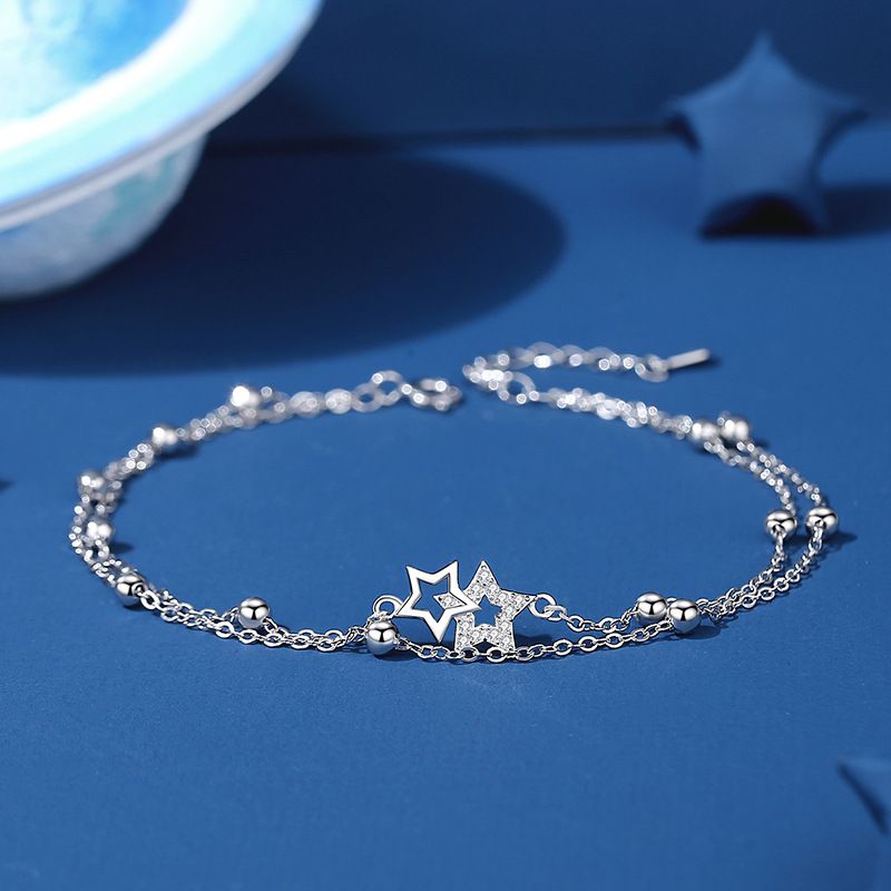 Cavigliera in argento sterling Starlight a doppio strato per donna con micro intarsi a forma di stella, regalo di San Valentino, gioielli per i piedi_voghion.com