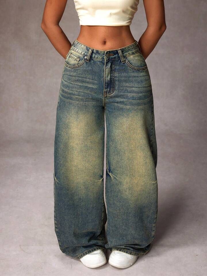 Vintage High Waist Wide Leg Jeans For Women - Retro Loose Fit Denim Pants With Washed Effect, Olive Green Straight Leg Trousers_voghion.com