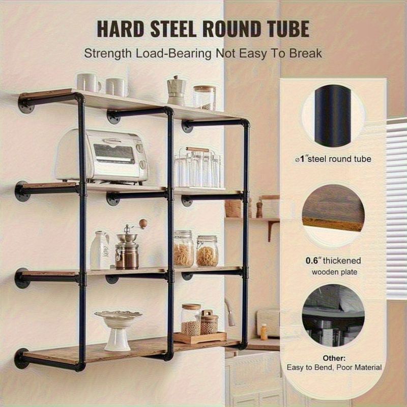 Industrial Pipe Shelf 4 Tier 3PCS 11.8in W Wall-Mount Planks NOT Included_voghion.com