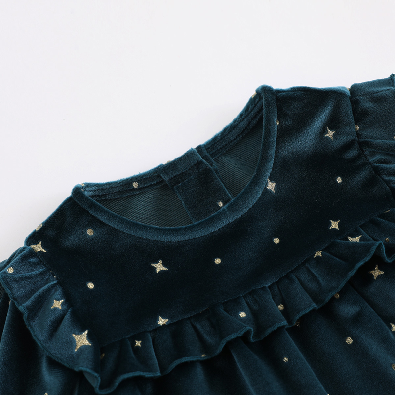 Abito da bambina in velluto leggero di lusso con stelle dorate calde per ragazze autunnali e invernali per bambini. Abito da bambino con girocollo in pizzo e gonna in pizzo_voghion.com