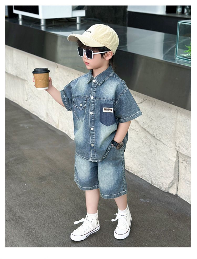 Abbigliamento per bambini piccoli, camicia in denim, completo con colori sfumati, alla moda, estivo, a maniche corte, completo in due pezzi_voghion.com