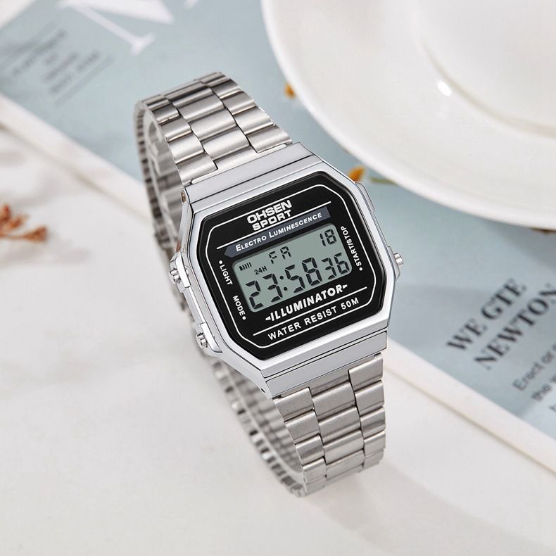 Women's Gold Stainless Steel Strap Electronic Alarm Clock Calendar Week Waterproof Watch_voghion.com