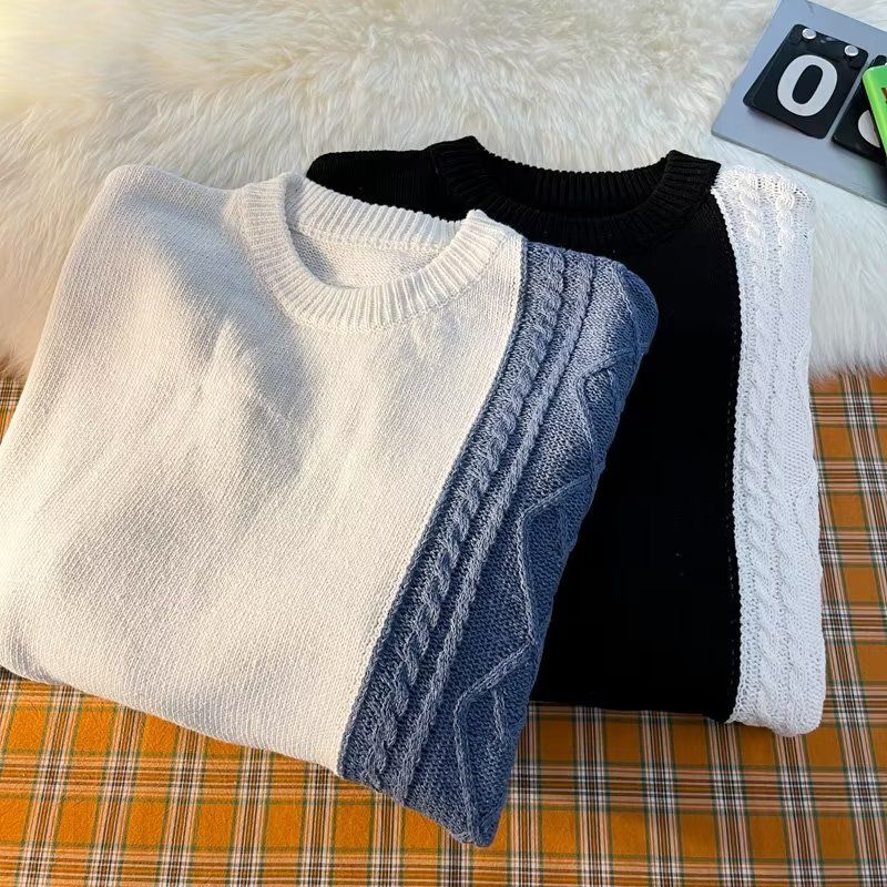 Stylischer Rundhalspullover für Herren – Trendiger Zopfmusterpullover mit Farbblockdesign für die Freizeit_voghion.com