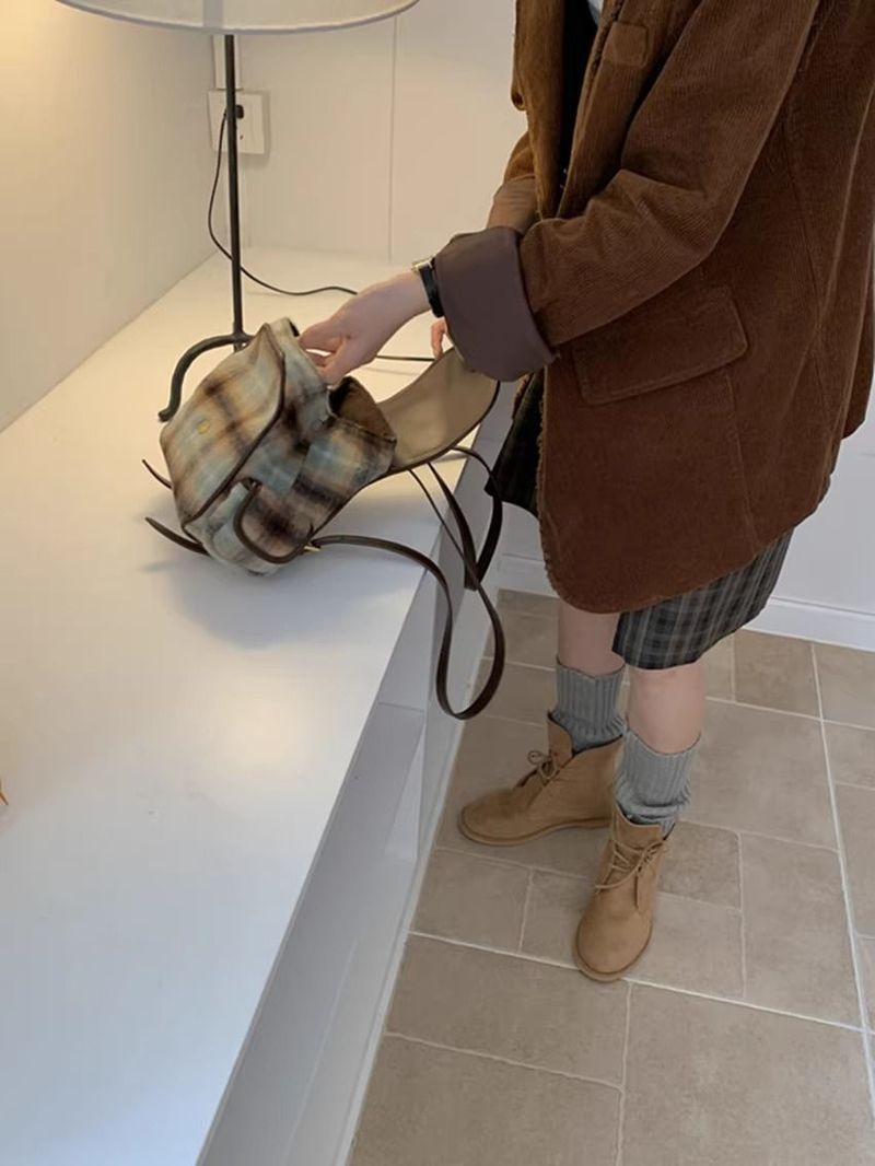Vintage Woolen Velvet Whi Checkered Autumn Winr College Style Student Backpack For Women Commuting Simple British_voghion.com