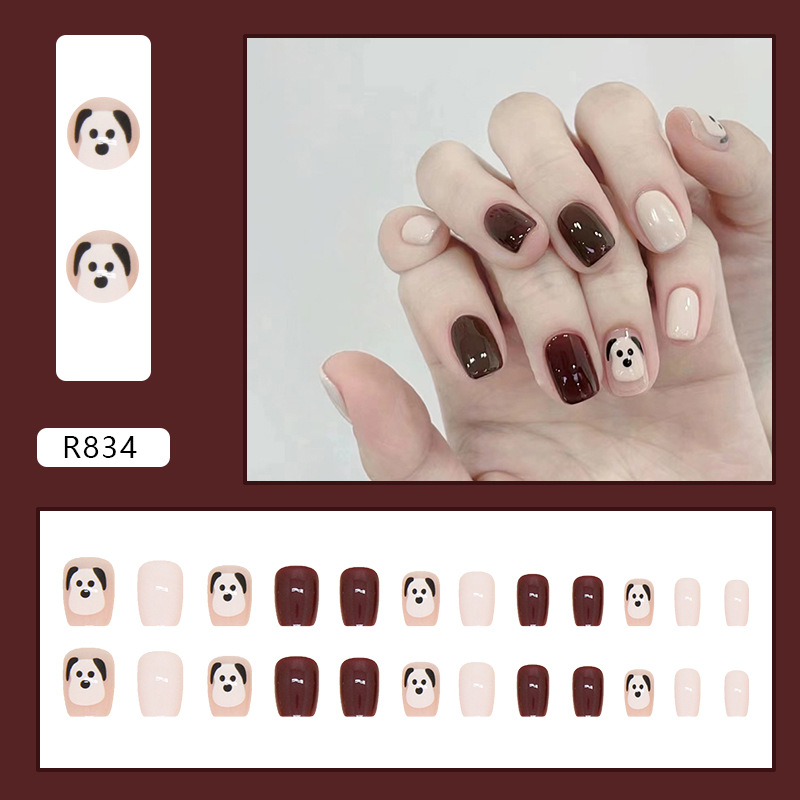 Cute Dog Wearing in Autumn and Winter, Detachable Patch, Wine Red False Nail, Short Trapezoidal Nail Patch_voghion.com