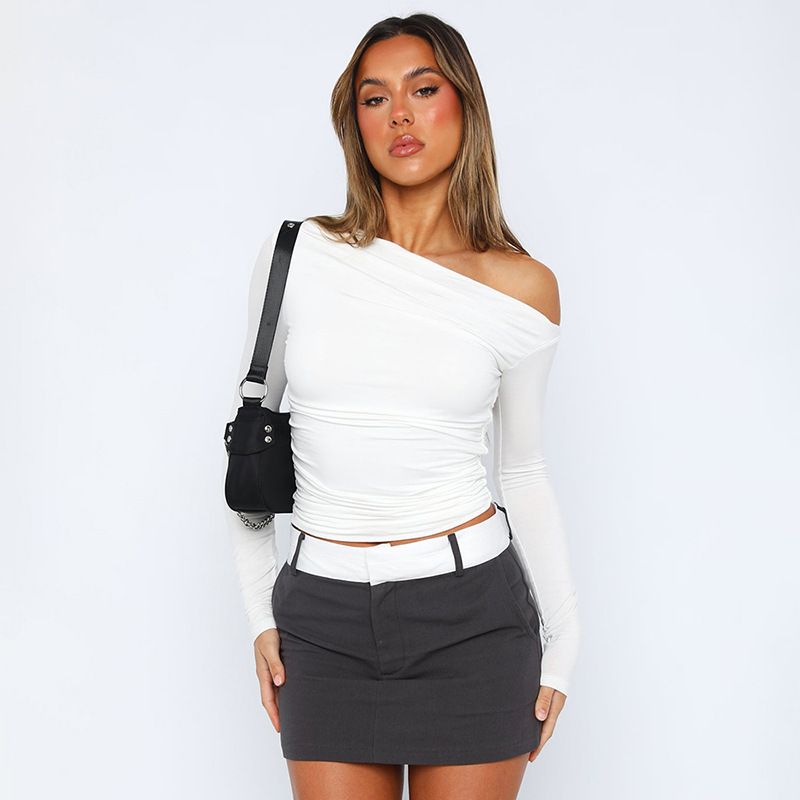 Europäesch an amerikanesch grenziwwerschreidend Fraen Hierscht Ins Nei Einfarweg Schréi Schëller Laangärm Geplisserte Navel Baring Top T-Shirt Weiblech_voghion.com