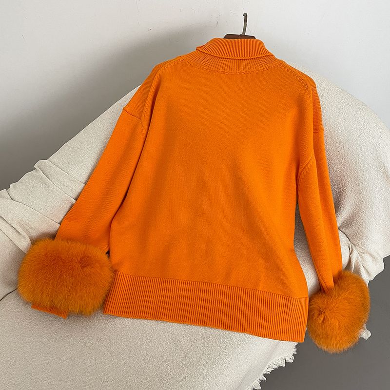 Damenbekleidung Heißer Verkauf Damen Herbst und Winter neuer verdickter hochgeschlossener lockerer Strickpullover mit abnehmbaren Manschetten aus echtem Fuchs_voghion.com
