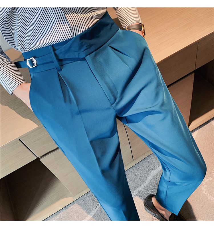 Autumn new men's casual trousers Internet celebrity Neapolitan trousers personalized belt decoration thin trousers men_voghion.com