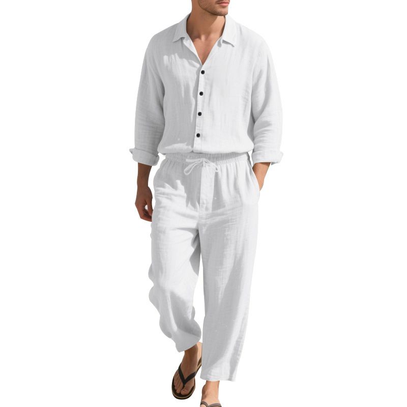 Completo da uomo in stile americano, casual, casual, da spiaggia, con protezione solare, a maniche lunghe e pantaloni, in lino, quattro stagioni_voghion.com