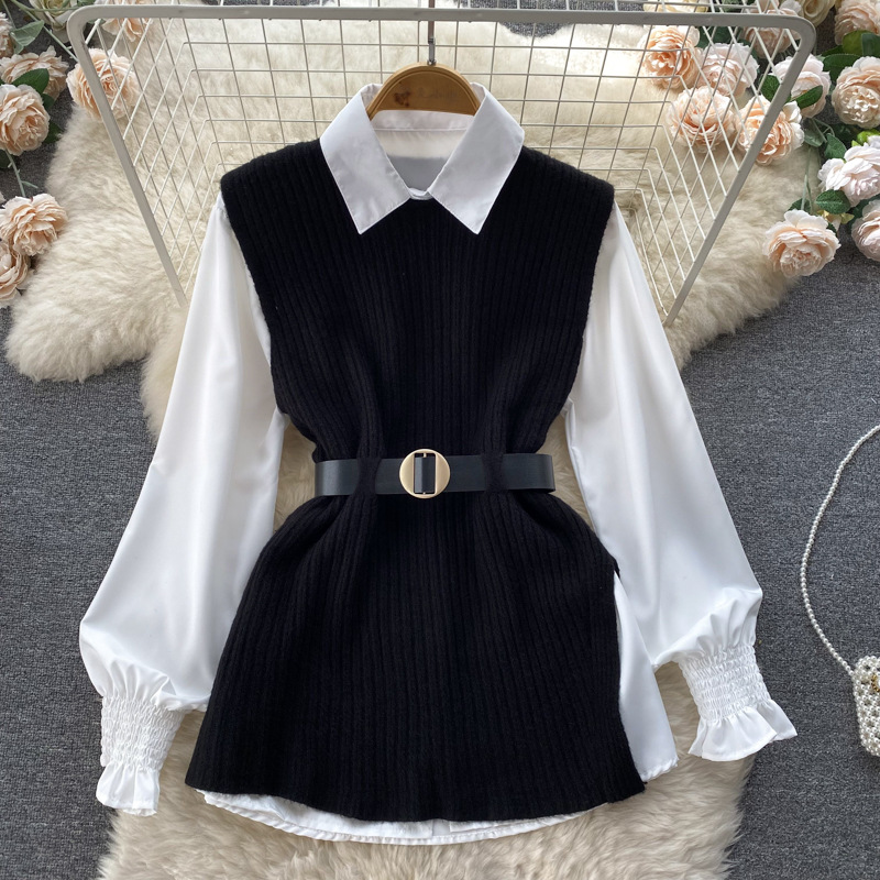 Set de două piese pentru femei, cămașă albă cu mâneci lungi și vestă din tricot despicat_voghion.com