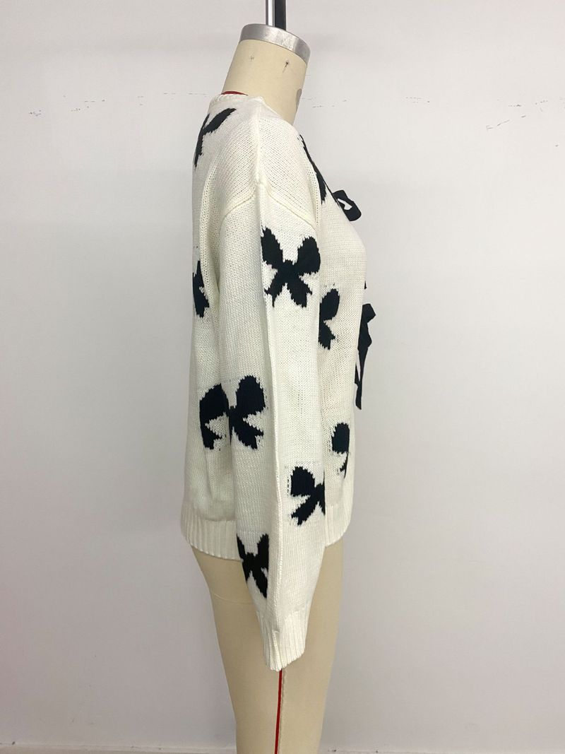 Cardigan en tricot pour femme avec nœud papillon – Pull ouvert élégant et stylé, mélange acrylique léger, coupe ample, manches longues (crème)_voghion.com