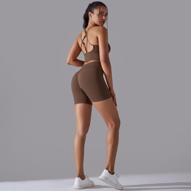 Seamless Knitted Solid Color Beauty Back High Elastic Tight Yoga Running Fitness Suit Two Piece Set for Women_voghion.com