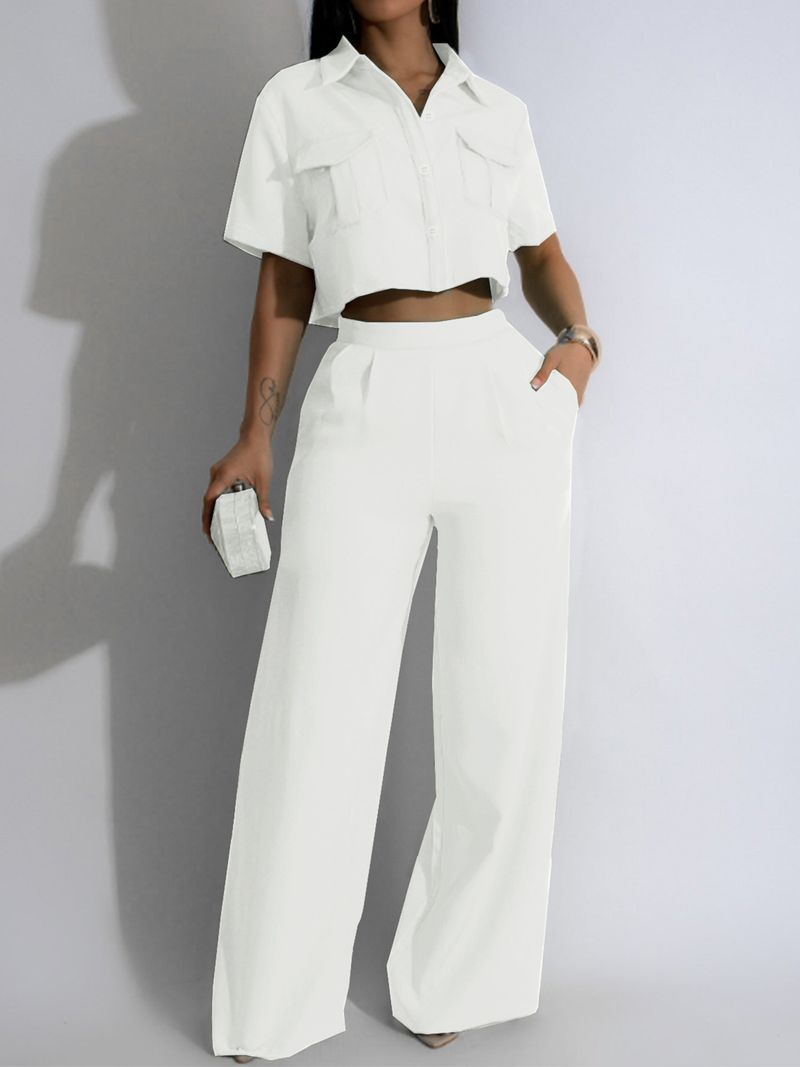Damenbekleidung Sommermode Revers Kurzarm Hohe Taille Weite Beinhose Modeanzug_voghion.com