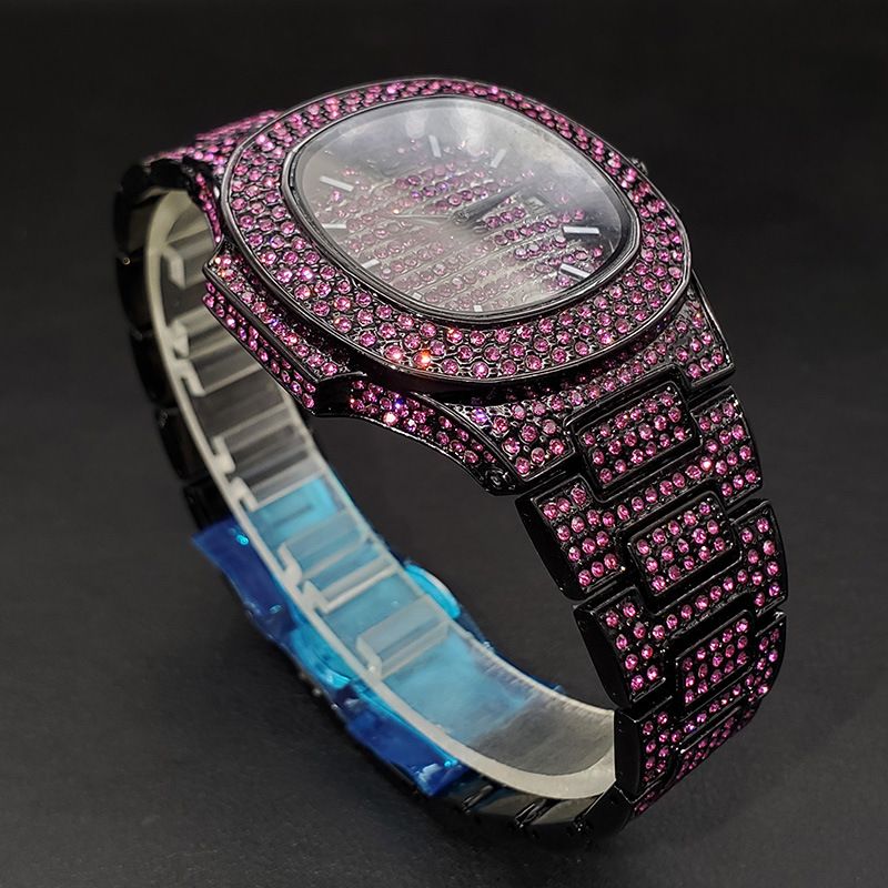 Modische quadratische Uhr für Herren und Damen mit bunten Diamanten, wasserdicht, Quarzwerk, Kalenderfunktion, Schmetterlingsschließe aus Edelstahl_voghion.com